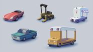 Concept art of various cars from the play set.