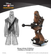 Concept art of Chewbacca next to his final figure design.