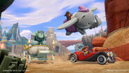 Jack Sparrow, Sulley, and Jessie racing in toy box.