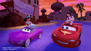 Aladdin riding Lightning McQueen alongside Jasmine, who is riding Holley.