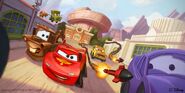 Lightning McQueen and Mater dodging missiles from an enemy car in the Cars Play Set.