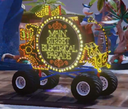 Donald Duck riding the Main Street Electrical Parade Float with monster truck tires