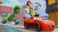 Rex chasing Lightning McQueen, Woody, and Buzz.