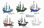 Concept art of the different customizations for the Player's Pirate Ship.