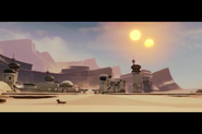 Luke's Landspeeder outside a town on Tatooine.