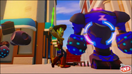 Woody fighting a Giant Zurgbot with the Lightsaber.