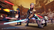 Commando Droids fighting Kanan Jarrus, Sabine Wren, and Yoda on Geonosis.