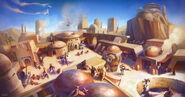 Concept art of Mos Eisley with Luke in it.