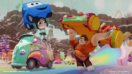 Vanellope on top of Fillmore while holding a Cars townsperson above her head.