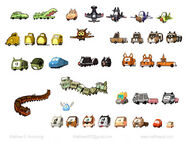 Concept art of some of the critters featured in the Cars Play Set, both used and unused.