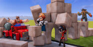 Syndrome, Wreck-It Ralph, Violet, and Davy Jones in toy box with a stack of blocks.