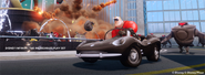 Mr. Incredible rides the Sports Car away from the Omnidroids