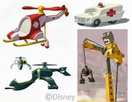 Concept art of the Rescue Helicopter, the Calico Helicopter, the crane from the Cars Play Set, and the Ambulance.