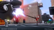 Mrs. Incredible fighting the Omnidroids