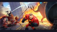 Concept art of Mr. Incredible, Mrs. Incredible, Dash and Violet battling Omnidroids in the play set.