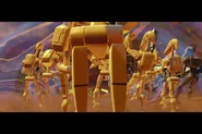 Battle Droids trying to attack Jedi.