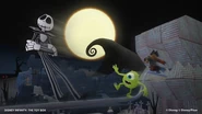 Jack Skellington, Mike, and Davy Jones rail sliding with the sky in the background.