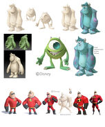 Concept art of Mike, Sulley, and Mr. Incredible.