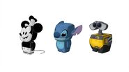 Concept art of the Steamboat Willie Costume, Stitch Costume, and WALL-E Costume.