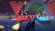 Aladdin and Jasmine driving Cruella De Vil's Car.