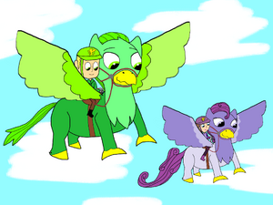 Greg, Sofia, and their griffins, Chamel and Violet