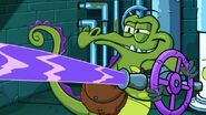 Swampy with a hose with purple liquid