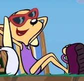 Brandy in a purple swimsuit