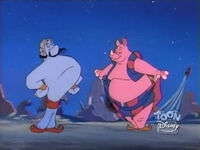 Samir and Genie dancing softly away with grace due to Aladdin and his friends' soft music