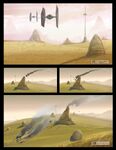 Concept art of a TIE/LN starfighter crashing into a mound.