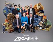 Rich Moore, Byron Howard, Clark Spencer, and members of the Zootopia (known as Zoomania in Germany) German dub, surrounded by the main characters of the film.