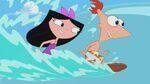 Isabella and Phineas on a surfboard