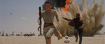 Rey, Finn, and BB-8 flee the marketplace during the attack.