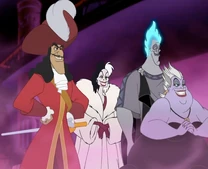 CuatroVillanos HouseOfVillains.png (511 kB) Cruella junto con Garfio, Hades y Úrsula.