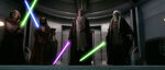 Mace trying to arrest Darth Sidious with the help of Kit Fisto, Seasee Tiin, and Agen Kolar.