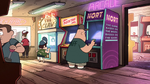 Soos playing an arcade game called Nort, a parody of Tron.