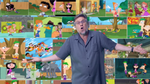 Dan Povenmire in front of many scenes from Phineas and Ferb in the video called We're Gonna To Do It Again.