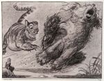 The Cheshire Cat scares off The Puppy, a scrapped character, by David Hall.