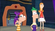 Phineas, Ferb, and Candace as they appear in the console game.