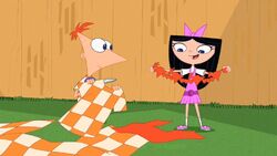 Isabella showing her affection to a confused Phineas.
