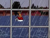 Pluto on his doghouse being carried away by the rain during T.J.'s nightmare in "Rainy Days"