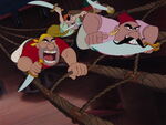 The pirate crew pursue the Darling children and Lost Boys up the rigging to the crow's nest