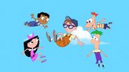 Phineas, Ferb, Baljeet, Isabella, and Carl (disguised as a kid) in zero gravity.