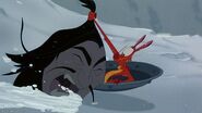 Mushu accidentally pulls a Hun up from the avalanche while searching for Mulan.