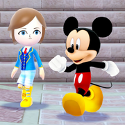 A Mii character walking alongside Mickey Mouse in the Disney Magical World 2 video game