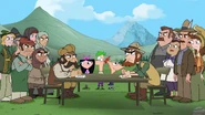 Phineas, Ferb, and Isabella trying to help the locals make a decision.