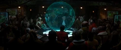 Hologram of Starkiller Base's size compared to the original Death Star.