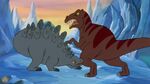 The T. rex battling a Stegosaurus