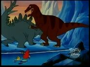 The Tyrannosaurus rex batlling a Stegosaurus