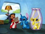 Stitch! The Movie promotional art of Lilo showing Stitch and Sparky the latter's "badness level"