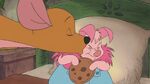 Piglet gets kissed by Kanga.